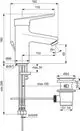 Waschtischarmatur von Ideal Standard mit einer hochgezogenen Auslaufkante, integriertem Ablauf, flexibel einstellbaren Maßen und verchromter Oberfläche. Technische Zeichnung zur Installation.